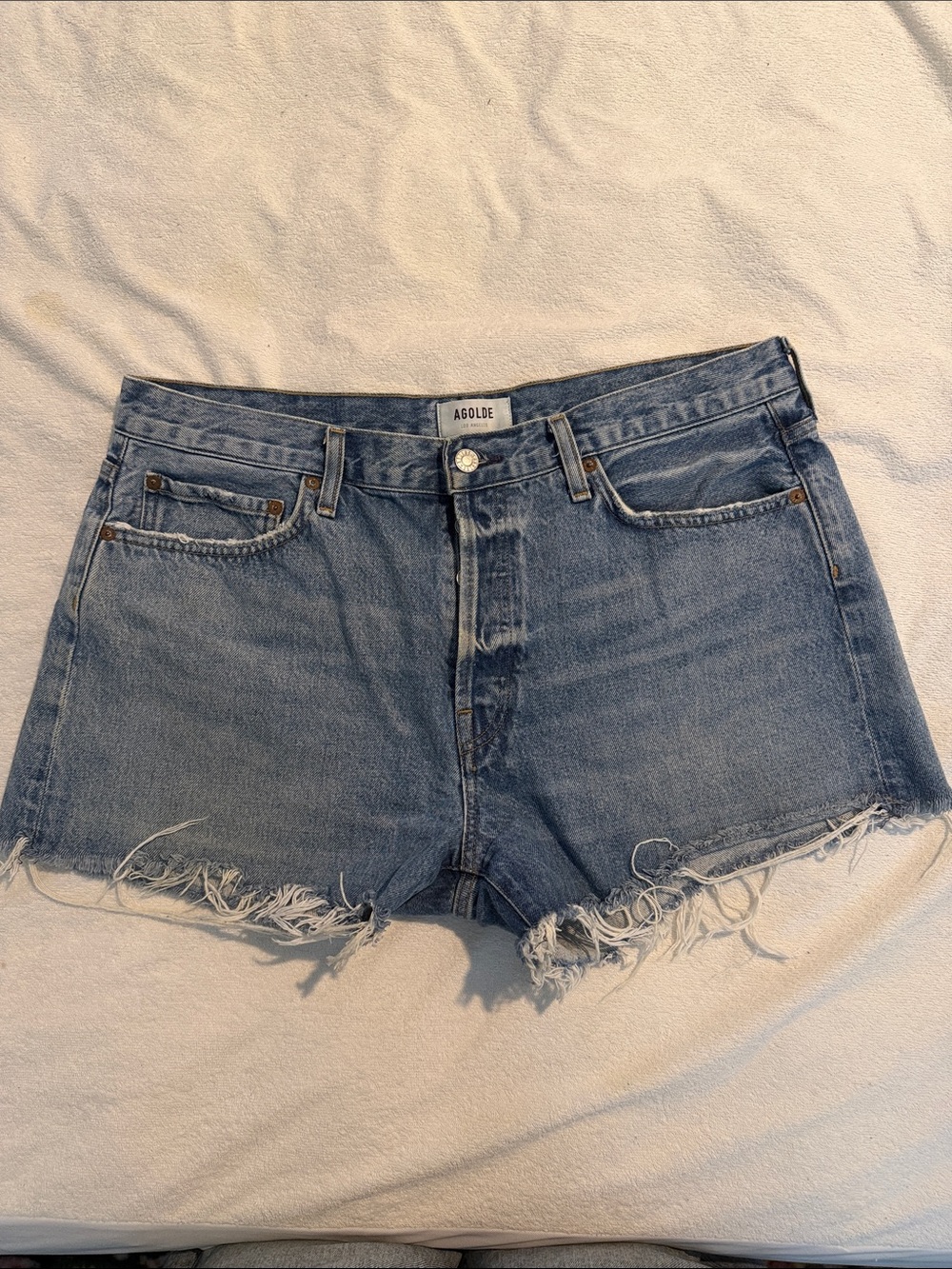 Agolde Light Blue Distressed Cutoff Denim Shorts